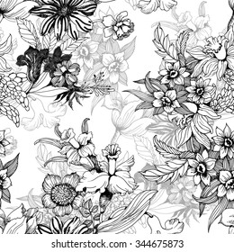 Summer garden blooming flowers seamless monochrome pattern on white background, vector illustration
