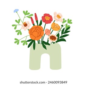 Ramo de jardín de verano en jarrón de moda. Mezcla de flores en flor, arreglo floral de primavera. Manojo de flores modernas. Decoración de flores silvestres. Ilustración vectorial gráfica plana aislada sobre fondo blanco