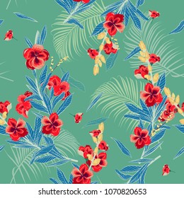Summer Garden in bright  florals pattern in the many kind of flowers.Forest Botanical . Seamless vector texture.fashion prints. Printing with in hand drawn style on green mint background.