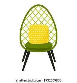 A summer garden chair with a mesh back and a cushion on black legs. A piece of furniture for home and street. Front view. Flat style. Vector illustration isolated on a white background