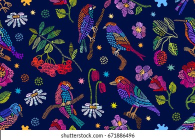 Summer garden embroidery. Seamless vector pattern with birds, rowan and flowers. Vintage motifs. Retro textile design collection. Colorful on dark.