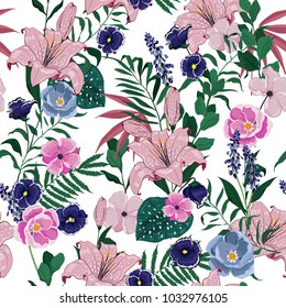 Summer garden  Floral pattern in the many kind of flowers. Tropical botanical  Motifs scattered random. Seamless vector texture. Elegant  for fashion prints. Printing with in hand drawn style on white