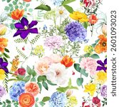 Summer garden floral print with leaves and flowers. Spring tulips, hydrangea, ranunculus, hyacinth, daffodil and plants. Botanical pattern design. Seamless vector colorful pattern. On white background