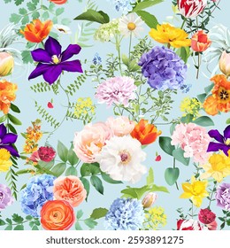 Summer garden floral print with leaves and flowers. Spring tulips, hydrangea, ranunculus, hyacinth, daffodil and plants. Botanical pattern design. Seamless vector colorful pattern. On blue background