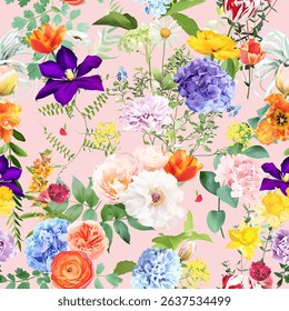 Summer garden floral print with leaves and flowers. Spring tulips, hydrangea, ranunculus, hyacinth, daffodil and plants. Botanical pattern design. Seamless vector colorful pattern. On pink background