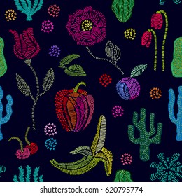 Summer garden. Floral seamless vector pattern with embroidered fruits and wildflowers. Stylized hand drawn elements. 1950s-1960s motifs. Retro textile design collection. Colorful on dark.