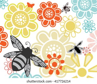 Summer garden flowers with bees 