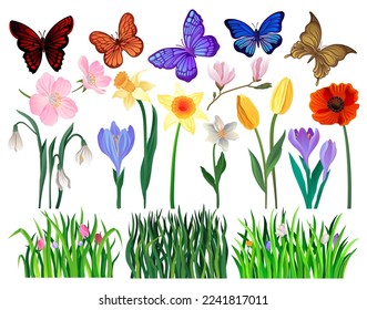 Summer Garden Flowers with Green Grass Blades and Fluttering Butterfly Vector Set