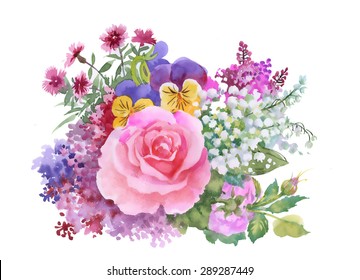 Summer garden flowers with pink rose watercolor vector illustration