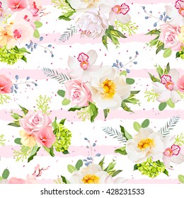 Summer garden flowers seamless vector design pattern. Pink and white striped background with red speckles.