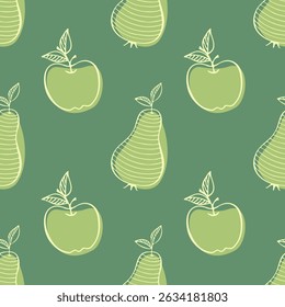 Summer garden with fruits, Apples and Pears stylized outline drawings, pattern in soft green tones. Packaging, backdrop, wallpaper, wrapper.