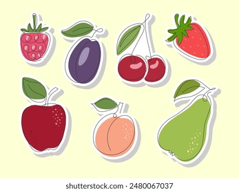 Summer garden fruits sticker set. Hand drawn abstract Apple, Strawberry, raspberry, pear, Cherry, plum, peach. Sticker healthy natural organic fruit food elements for design