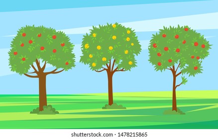 Summer garden with fruits vector, harvesting season. Apples growing on trees, red and yellow color. Landscape greenery of nature, natural production. Pick apples concept. Flat cartoon