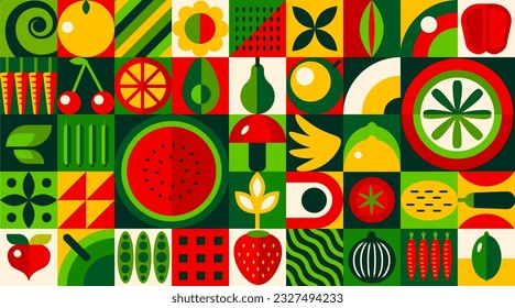 Frutas y verduras del jardín de verano patrón de bauhaus geométrico abstracto. Fondo vectorial de alimentación agrícola con mosaico de geometría plana de sandía, zanahoria, limón, flor vegetal y hojas, temas agrícolas