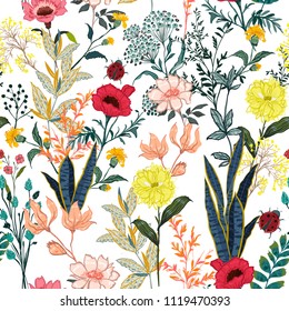 Summer garden  full of  blooming flower in many kind floral seasonal seamless pattern vector ,hand drawing style for fashion, fabric and all prints on white background.