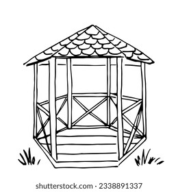 Summer garden gazebo, grass. Wooden construction. Simple black outline vector drawing. Sketch in ink.