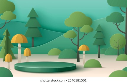 Podium de papel verde de jardim de verão para o produto ecológico com folha e árvore. Ecologia mockup ambiente amigável com paisagem natural e plataforma para promoção cosmética ou apresentação. Fundo da colina da floresta