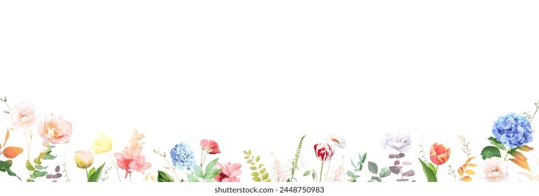 Summer garden greenery banner with leaves and flowers. Spring tulips, hydrangea, rose, hyacinth, wildflowers and plants. Botanical frame design. Vector card. All elements are isolated and editable.