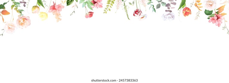 Summer garden greenery banner with leaves and flowers. Spring tulips, hydrangea, rose, hyacinth, wildflowers and plants. Botanical frame design. Vector card. All elements are isolated and editable.