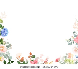 Summer garden greenery banner with leaves and flowers. Spring tulips, hydrangea, rose, hyacinth, wildflowers and plants. Botanical frame design. Vector card. All elements are isolated and editable.