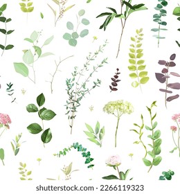 Summer garden greenery print with leaves and wildflowers. Hydrangea flower, peony, eucalyptus, herbs and plants. Botanical pattern design. Seamless vector pattern. Simple backdrop on white background