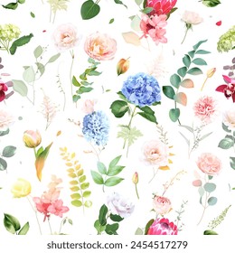 Summer garden greenery print with leaves and flowers. Spring tulips, hydrangea, hyacinth, wildflowers and plants. Botanical pattern design. Seamless vector pattern.Simple backdrop on white background