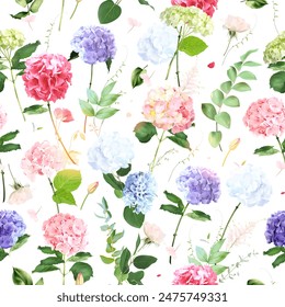 Summer garden greenery print with leaves and flowers. Spring colors hydrangea, hyacinth, tulips, rose and plants. Botanical pattern design. Seamless vector pattern. Simple backdrop on white background