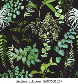 Summer garden greenery print with leaves and wildflowers. Hydrangea flower, peony, eucalyptus, herbs and plants. Botanical pattern design. Seamless vector pattern. Simple backdrop on white background