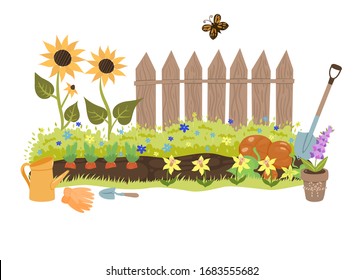 Summer garden illustration with a fence, sunflowers and garden tools. Vector graphics.