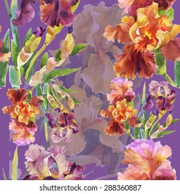Summer garden iris flowers watercolor seamless pattern on purple background vector illustration
