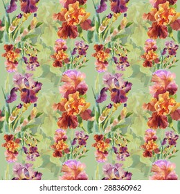 Summer garden iris flowers watercolor seamless pattern on green background vector illustration