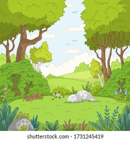 Summer garden landscape with bird. Hand drawn vector illustration with separate layers.