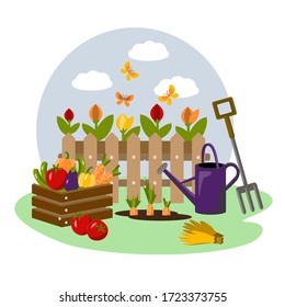 summer garden landscape with inventory watering can drawer with vegetables flowers and fence