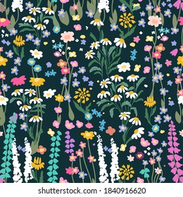 Summer garden with lupine and daisies. Seamless vector pattern in repeat. Retro textile collection. Template for dresses, scarves.