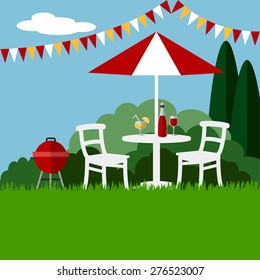 Summer garden party barbecue background, flat design, vector illustration