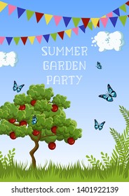 Summer Garden Party poster template with apple tree, grass, butterflies, clouds and flags garland and text on blue sky background. Cartoon style vector illustration.