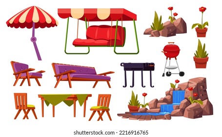 Summer garden or patio elements vector illustrations set. Collection of drawings of garden furniture, sofa, umbrella, barbecue grill isolated on white background. Leisure, outdoor activity concept