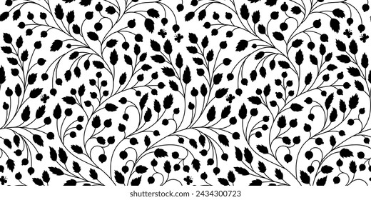 Summer garden pattern. Vector seamless floral pattern with flowers and berries on white background black and white 