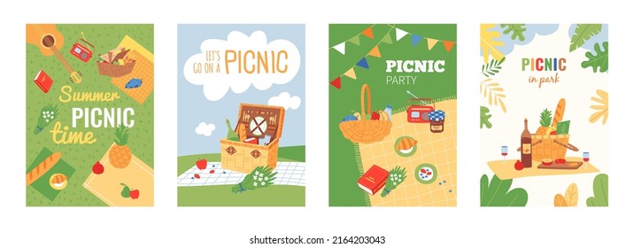 Afiche de picnic del jardín de verano. Fiesta de barbacoa de primavera divertida, cita romántica en la naturaleza con comida y vino. Cesta de mimbre, bebidas y pancarta vectorial con clase para comidas