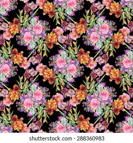 Summer garden roses and iris flowers watercolor seamless pattern on black background vector illustration