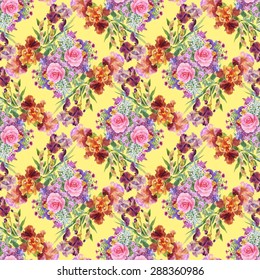 Summer garden roses and iris flowers watercolor seamless pattern on yellow background vector illustration