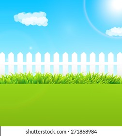 Summer garden scene with wooden fence and blue sky - Useful as background