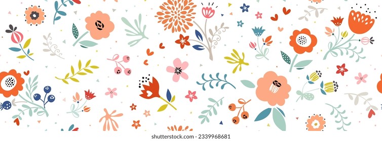 Summer garden seamless pattern. For fashion fabrics, children’s clothing, T-shirts, postcards, birthday invitations and baby shower. Also good for email header, wallpaper, banner, advertising.