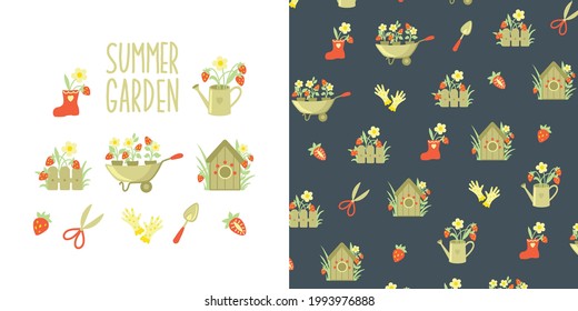 Summer garden, seamless pattern, strawberry, tools and equipment for gardening, vector set