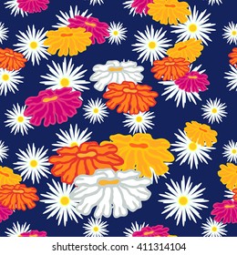 Summer garden. Seamless vector pattern with camomiles. Bohemian textile collection. Colorful on dark blue.
