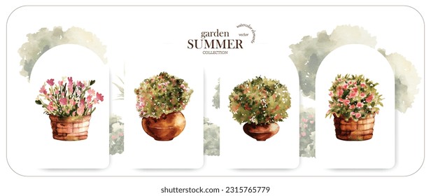 Summer garden set watercolor vector elements design. Garden watercolor vector collection of flower, tree, leaves, and branches.