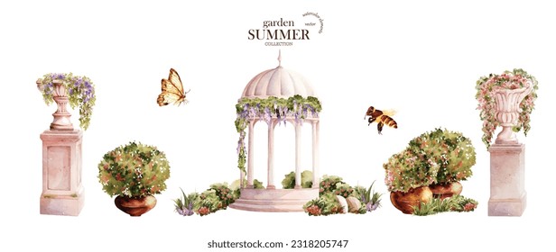 Summer garden set watercolor vector elements design. Garden watercolor vector collection of flower, tree, leaves, and branches.