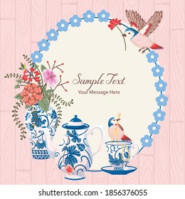 Summer Garden Tea Party with Birds and Flowers Vector Frame Background
