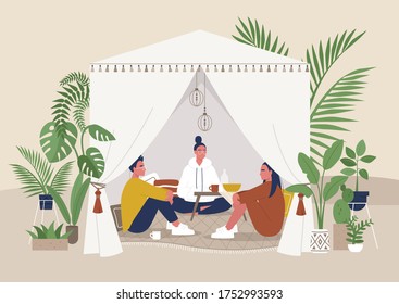 Summer garden tent, outdoor events, boho style marquee with pillows and other decorative elements, beautiful tropical plants, a group of friends sitting inside