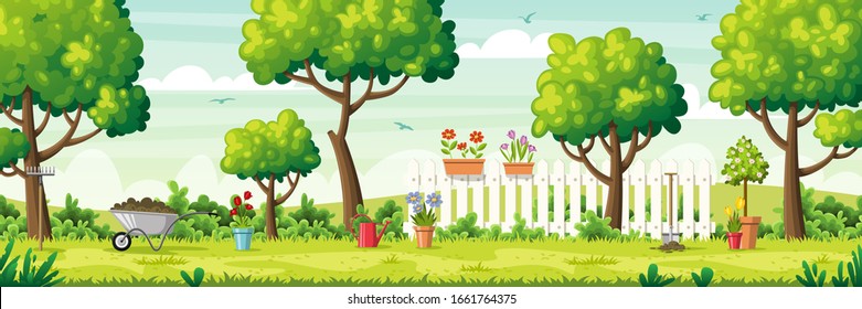 Summer garden with garden tools and fence. Vector Illustrations with separate layers. Concept for banner, web background and templates. 